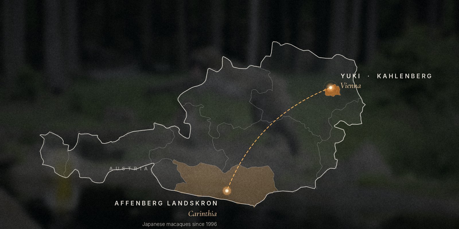 Map of Austria: from Affenberg Landskron in Carinthia to Kahlenberg in Vienna