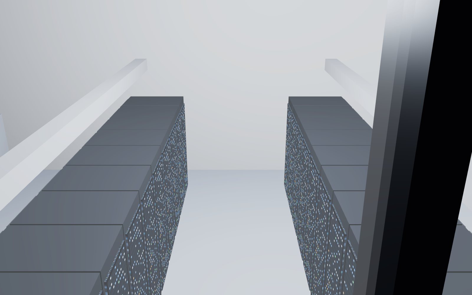 3D model: looking down through the glass band into the server hall, rows of racks glowing on both sides of the aisle