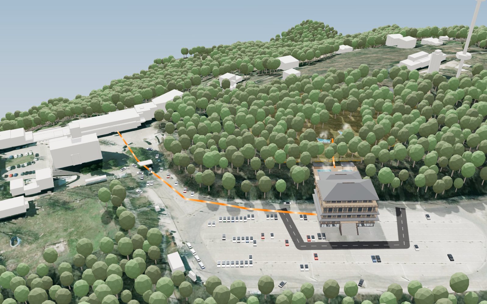 3D model: the site with the onsen house, the forest wing, the sanctuary and the heat loop