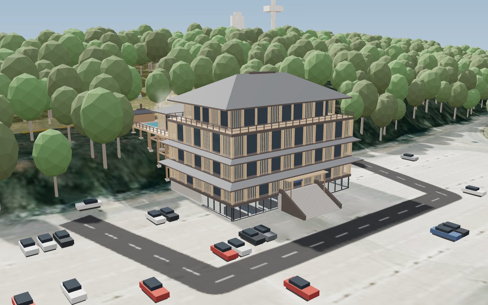 3D model: the timber onsen with its stone stair and the glass band of the server hall on the car park, by day