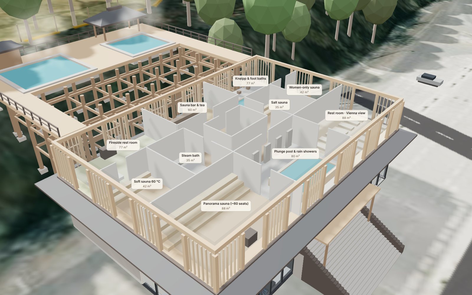 3D cutaway of level 1: the sauna world with panorama sauna, plunge pool, saunas and rest rooms