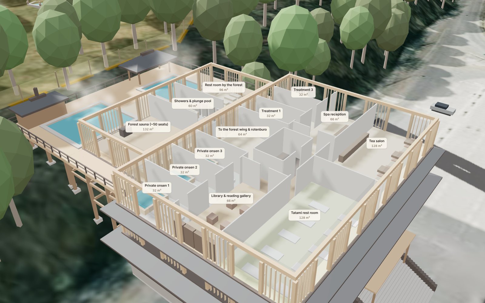 3D cutaway of level 2 with the forest wing on stilts and the rotenburo deck