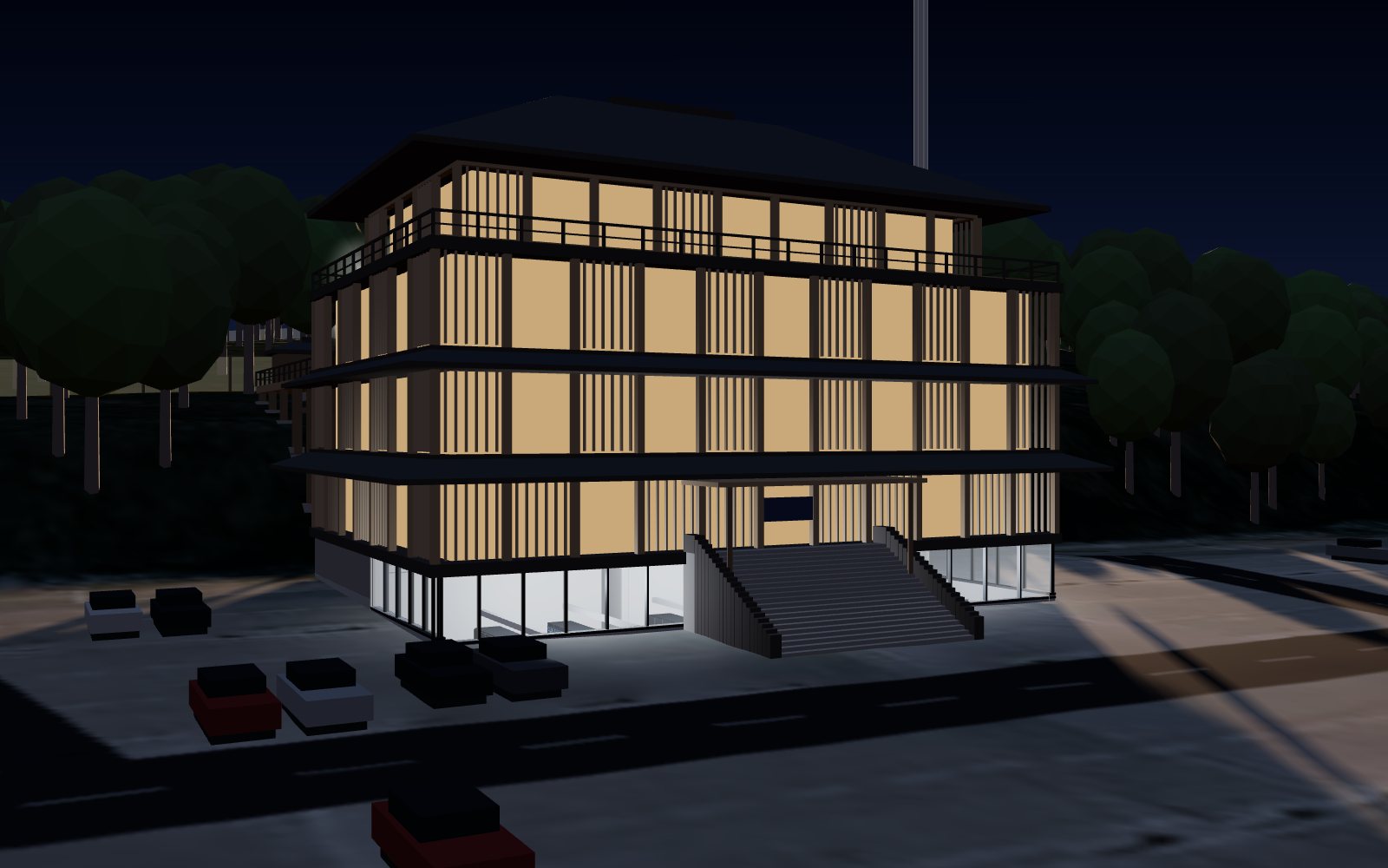 3D model: arrival on the car park at dusk, the stair up to the onsen and the glowing glass band of the server hall